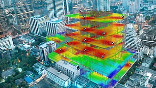 Indoor coverage simulation in complex high-rise environments Multi-floor 3D simulation of indoor radio coverage using distributed antenna systems in a dense urban high-rise area.
