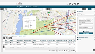 Interference and coexistence analysis in frequency planning software User interface of spectrum management tool showing interference and coexistence analysis on a geographic map