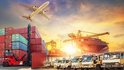 Aircraft, containers and cargo ship representing radio networks for airports, ports and logistics hubs.
