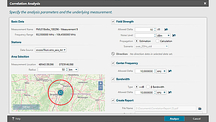 Screenshot of LS OBSERVER software showing correlation analysis settings for comparing transmitter data with measured spectrum values, including direction, frequency, and field strength parameters.