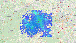 PMR/TETRA coverage map for regional radio network planning Map showing calculated radio signal strength for PMR/TETRA coverage planning.