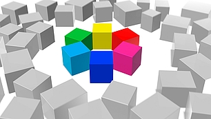 Colorful cubes among grey blocks representing SPECTRA as a modular spectrum management system.