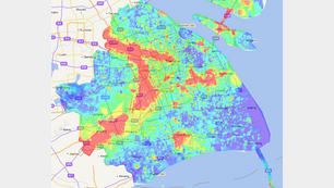 A heatmap displaying signal coverage across Shanghai and surrounding regions. The map uses a color gradient from red (strong signal) to blue (weak or no signal). Central Shanghai shows dense red areas indicating strong network coverage, while outskirts and coastal areas display weaker coverage in blue and green.