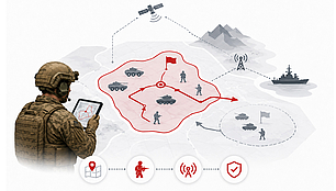 A soldier plans coordinated troop and vehicle movements using location data and communication links across a military area of operations.