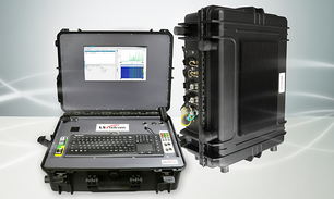 Portable Spectrum Analyzer System A rugged portable spectrum analyzer system in a hard protective case. The open unit on the left shows a built-in keyboard, control panel, and a screen displaying spectrum analysis graphs. The closed unit on the right shows various connection ports on the side.