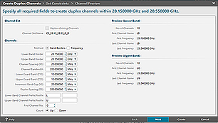 Duplex Channel Creation Interface A software interface for creating duplex channels within the frequency range of 28.150000 GHz to 28.550000 GHz. The left section contains input fields for setting band borders, channel spacing, bandwidth, guard bands, and duplex spacing. The right section previews the lower and upper band channels with details such as the number of channels, first and last channel names, and frequency ranges.